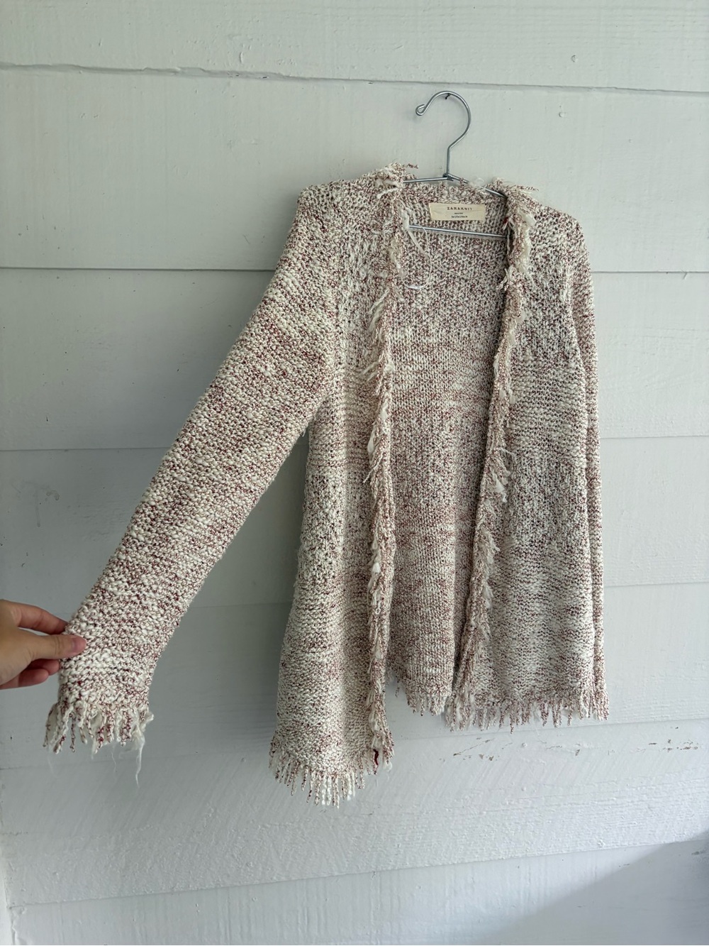 Zara Knit Cream Red Marled Open Front Fringe Cardigan Sweater Large Cozy Fall